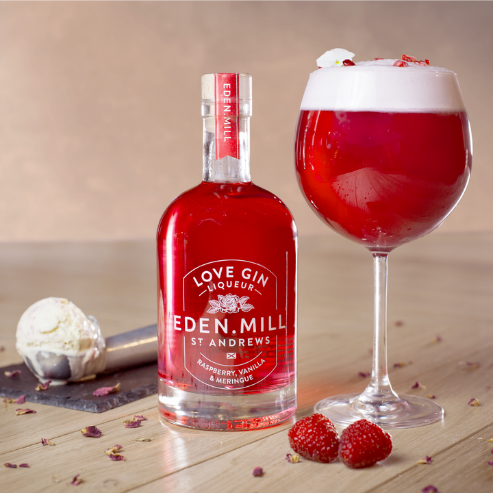 Bottle of Raspberry Vanilla Meringue Liqueur with Large Gin goblet of red cocktail and scoop of ice cream
